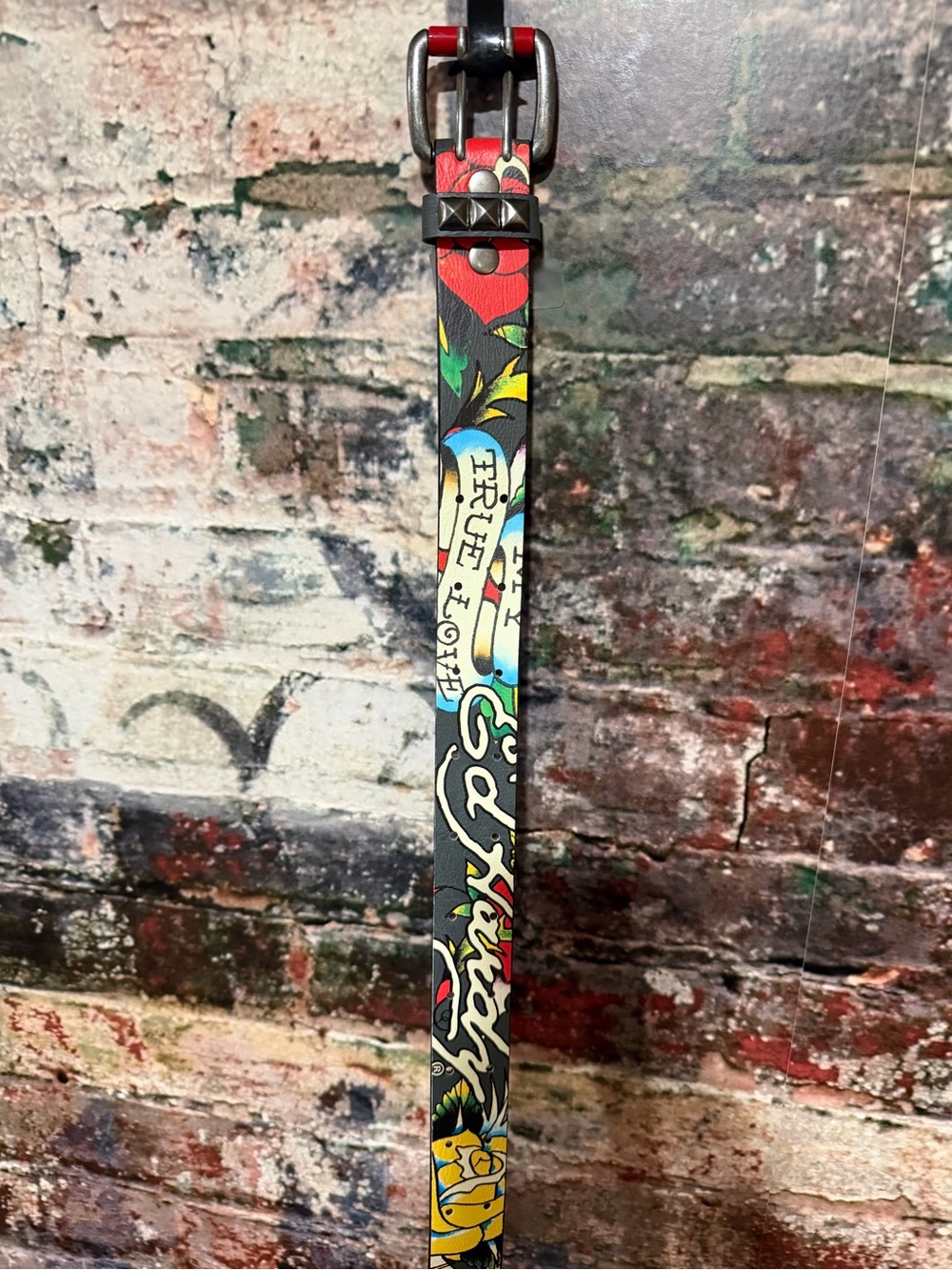 Ed Hardy Black Leather Belt with Red Accent